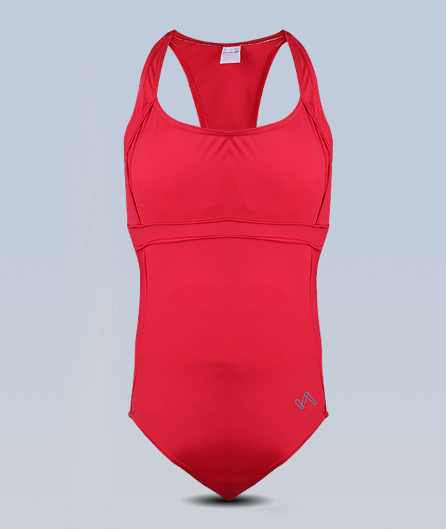 Custom athletic red one-piece swimsuit manufactured by Haraka Sports
